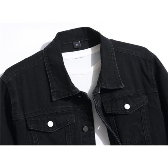 Men's Denim Jacket, Stretch Slim Fit Jean Jacket, Black - Picture 3 of 8